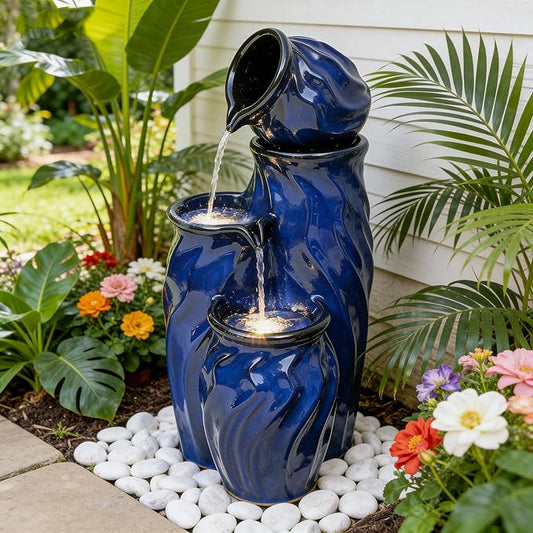 29" Ceramic Water Fountain Outdoor, 4-Tier Dynamic Wavy Outdoor Fountain with Artistic Cobalt Blue Glaze, Decorative Water Feature, Cascading Waterfalls for Serene Garden Patio Yard Porch Decor