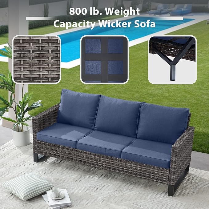 9 Piece Wicker Patio Furniture Set - Outdoor Swivel Rocker Chairs Set with Coffee Table, Rattan Chairs, 3 Seat Sofa & Ottomans, Patio Conversation Sets for Bcakyard Deck - Grey/Blue