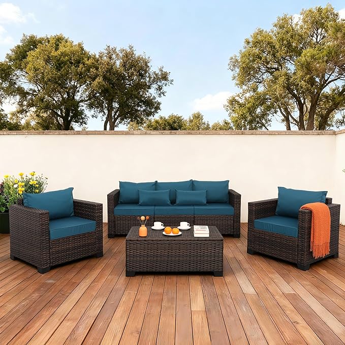 Outdoor Patio Furniture Set 4 Pieces Wicker Outdoor Furniture Chairs and Sofa Patio Storage Table Non-Slip Cushions and Waterproof Covers, Peacock Blue