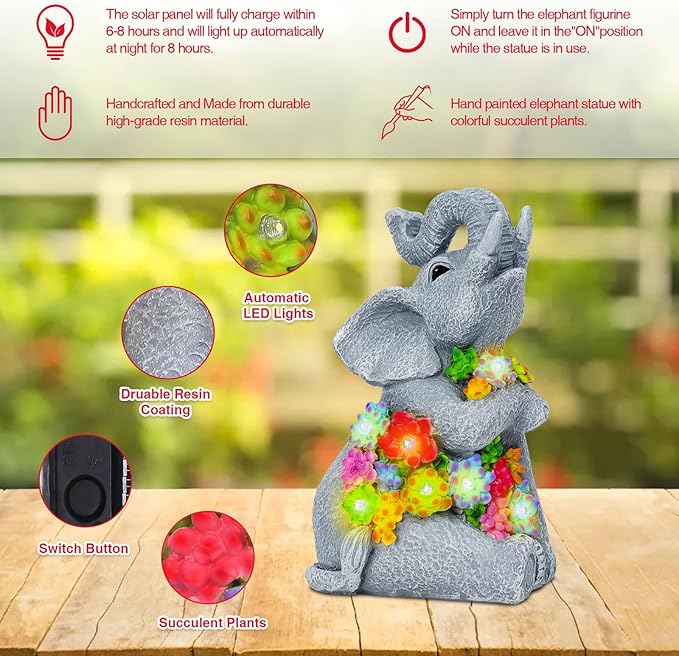 Womens Gifts Solar Statues for Garden Decor, Outdoor Elephant Sculptures for Clearance Lights for Outside Lawn Ornaments Birthday Gifts for Mom Grandma Women- Chrismtas Gifts for Mom Grandma