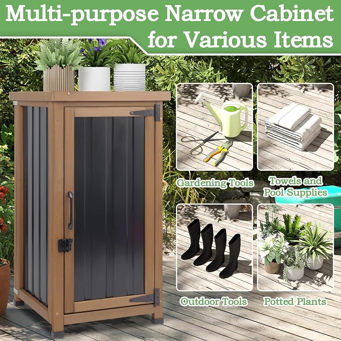 Outdoor Storage Cabinet Waterproof with Metal Top, Wooden Potting Bench Table Tool Organizer with Adjustable Shelf for Patio Backyard Garden - Image 4