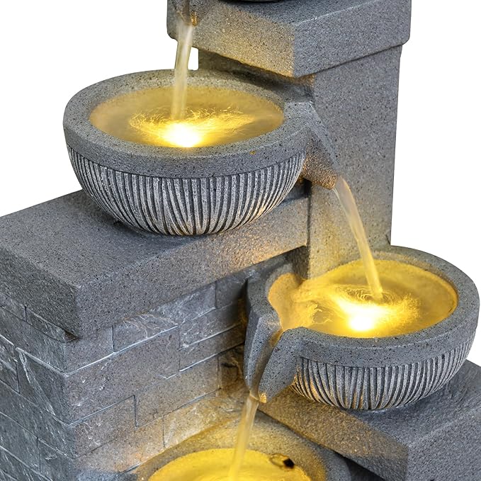 31.89" Outdoor Garden Water Fountain with Lights 4 Tiers Cascading Large Waterfall Floor Standing Fountain for Patio, Backyard, Deck, Porch and Home Art Decor