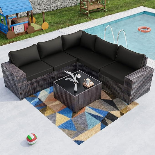 Kullavik Outdoor Patio Furniture Set 6 Pieces Sectional Rattan Sofa Set Brown PE Rattan Wicker Patio Conversation Set with 5 Seat Cushions and 1 Tempered Glass Table,Black