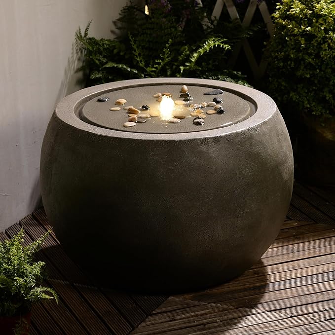 Garden Water Fountain Outdoor - Indoor Large Round Bubbler Water Feature with Lights & Pump and Concrete Effect for Patio Pool Pond Yard Home Decor Gray, 25 "L X 25" W X 17.5" H
