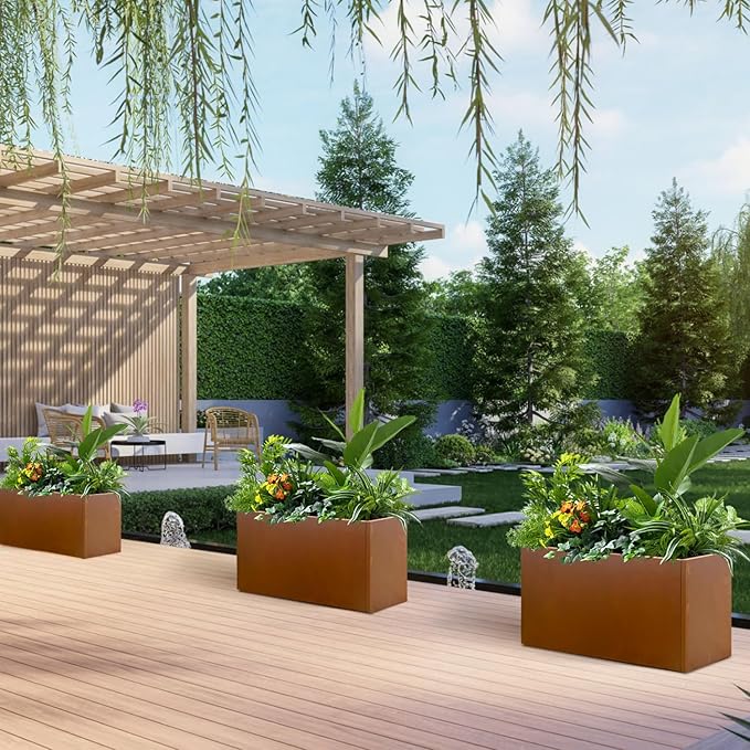 Corten Steel Planter Box Rectangular Planters 32" L x 16" W x 16" H Large Outdoor Planter Metal Planter Box for Tall Plant Trough Rustic for Garden Yard Commercial Residential