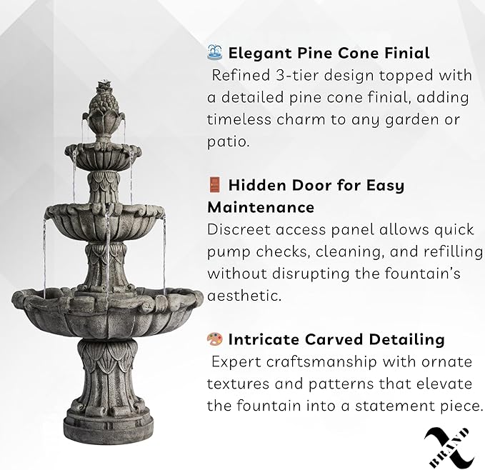 XBrand 58.3" Outdoor Bird Bath Fountain, 3-Tier Water Feature with Pump, Classic Leaf Design, Gray Resin Garden Décor for Yard, Lawn & Porch