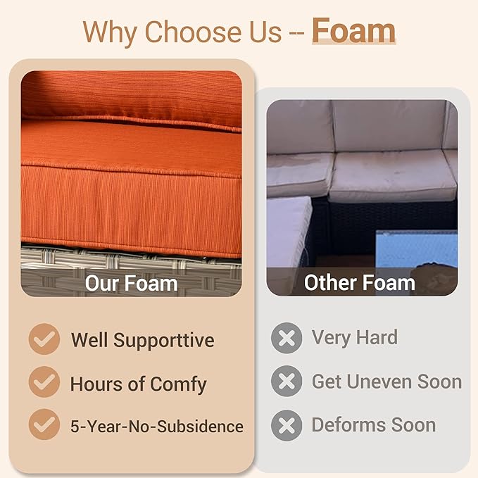HOOOWOOO Outdoor Patio Furniture Set with Light Table,7 Pieces Wicker Conversation Set,All Weather High Back Couch Sofa Swivel Chairs Ottomans Set,Orange Red