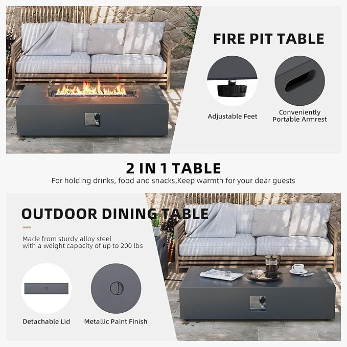 UPHA 9 Pieces Patio Furniture Sets, Wicker Outdoor Sectional Sofa Couch with Rectangle Propane Fire Pit for Deck Backyard Garden, Brown Rattan, White Cushion