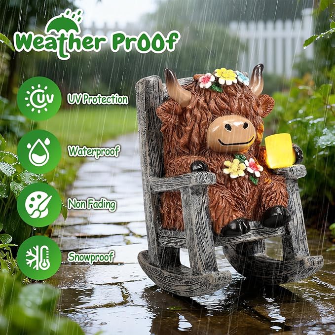 Tfro & Cile Miniature Solar Highland Cow Garden Statue Outdoor Light Decor Yard Ornament Unique Housewarming Gift for Lawn Patio Balcony