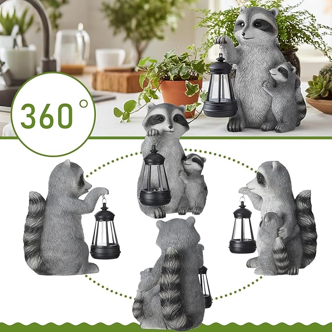 Pinkunn 9.5 Inch Solar Raccoon Family Garden Statues with LED Lights Home Decorations Outdoor Garden Raccoon Statue for Patio Balcony Yard Lawn Ornament Housewarming Birthday Gifts for Women