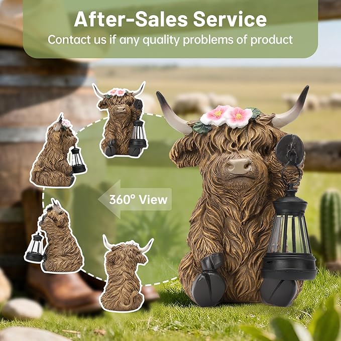 Solar Highland Cow Garden Outdoor Statue,Highland Cow Figurines Sculpture with LED,Farmhouse Decor,Patio Balcony Yard for Pasture & Farm Theme Housewarming Easter Day Gifts for Women Mom
