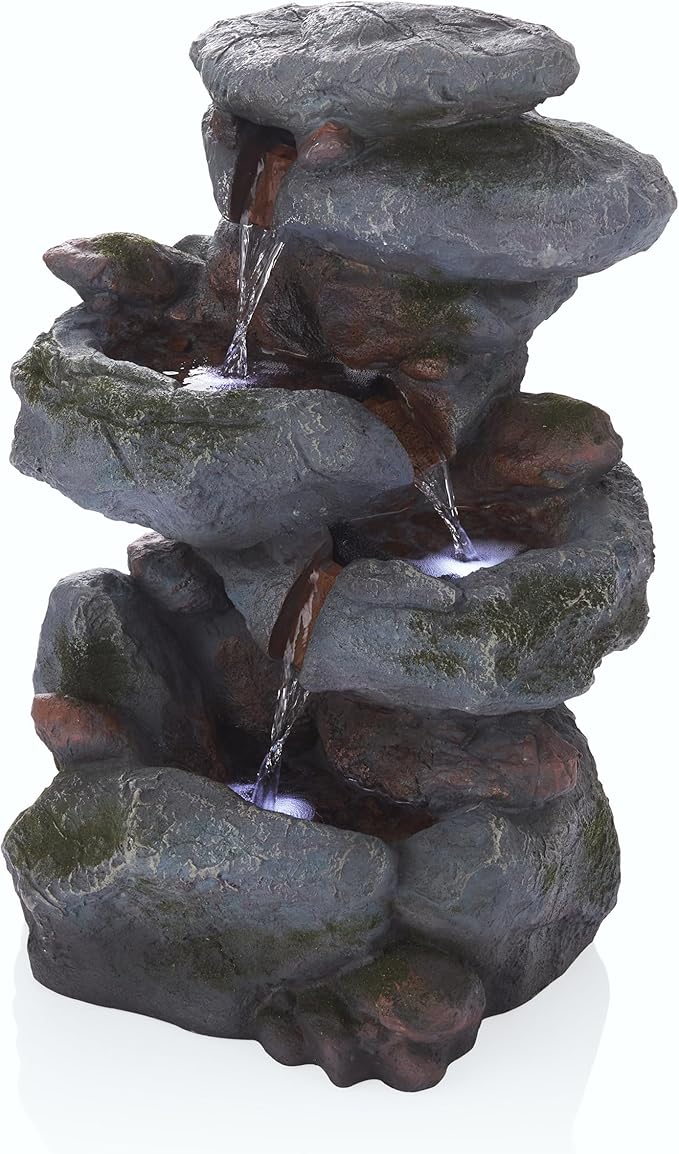 Alpine Corporation 22" Tall 3-Tier Outdoor Rock Waterfall Fountain with LED Lights, Natural Stone Look for Garden, Patio, Yard & Porch Decor, Gray