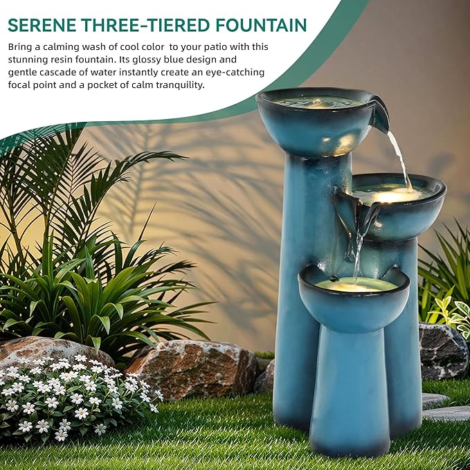 27" Outdoor Water Fountain with LED Lights, 3-Tier Cascading Faux Ceramic Column Water Feature with Pump for Garden Patio Backyard, Weather-Resistant Resin Waterfall for Serene Oasis, Blue