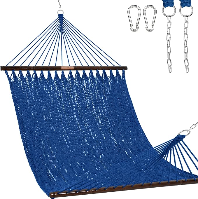 Lazy Daze Hammocks 10.5 FT Double 2 Person Caribbean Rope Hammock, Hand Woven Polyester Hammock with Spreader Bars, for Outside Outdoor Backyard Patio Poolside, 450 LBS Capacity, Blue by LazyDazeHammocks