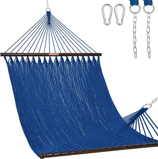 Lazy Daze Hammocks 10.5 FT Double 2 Person Caribbean Rope Hammock, Hand Woven Polyester Hammock with Spreader Bars, for Outside Outdoor Backyard Patio Poolside, 450 LBS Capacity, Blue by LazyDazeHammocks
