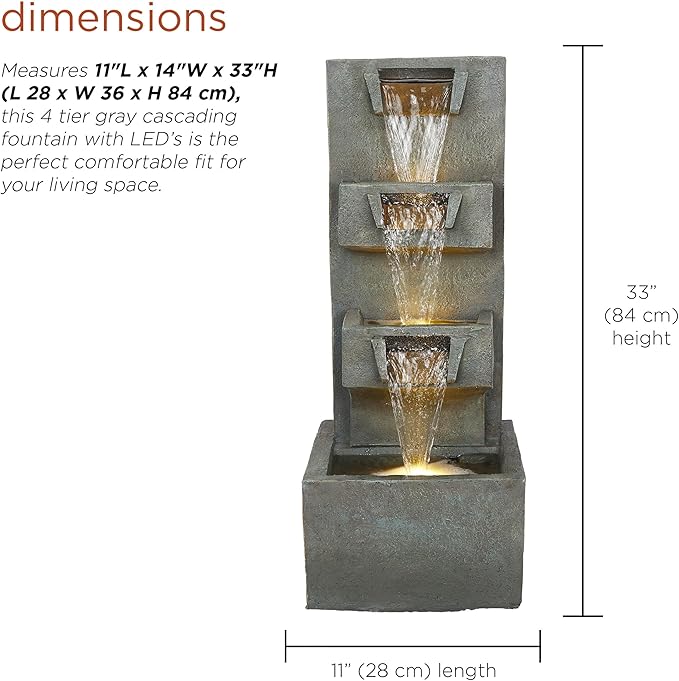 Alpine Corporation TZL406 33" 3 Tier Basin Cascading Fountain with LED Lights, Outdoor Water Feature for Garden, Patio, Backyard & Home Decor, Elegant Waterfall Design, Gray