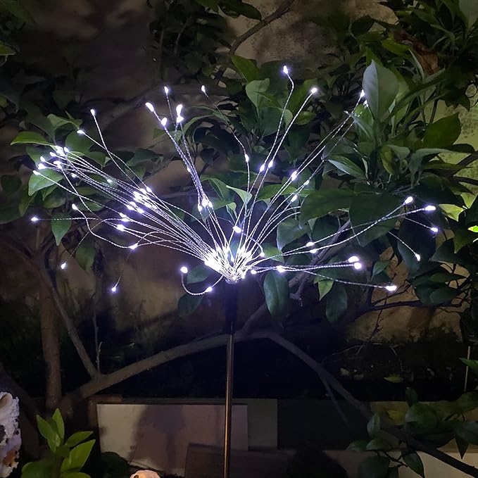 JJGoo Solar Firework Lights, 2 Pack 120 LEDs 2 Lighting Modes Solar Garden Lights Outdoor Waterproof for Yard Patio Walkway Pathway Party Wedding Christmas Decorative- Cool White