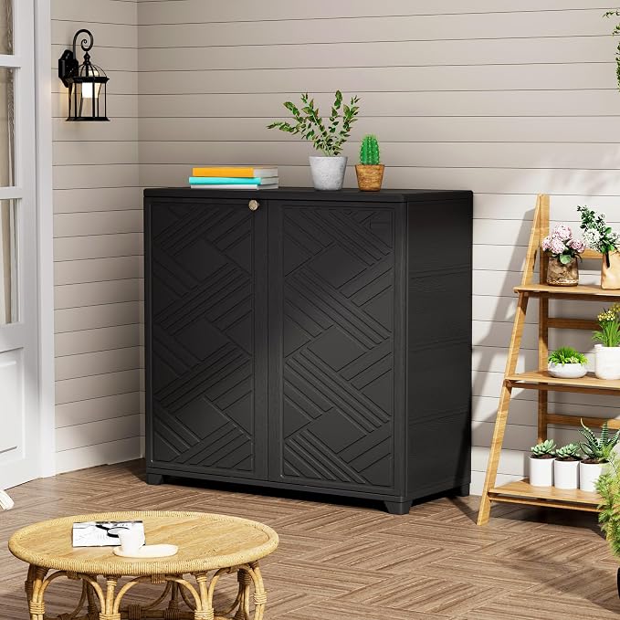 ZZM Indoor/Outdoor Storage Cabinet Waterproof, 34"x15"x34" Plastic Outdoor Storage Box for Garden Balcony Bathroom, All Weather Outdoor Storage Clearance, DIY Usage, with 2 Shelf (Black) - Image 6