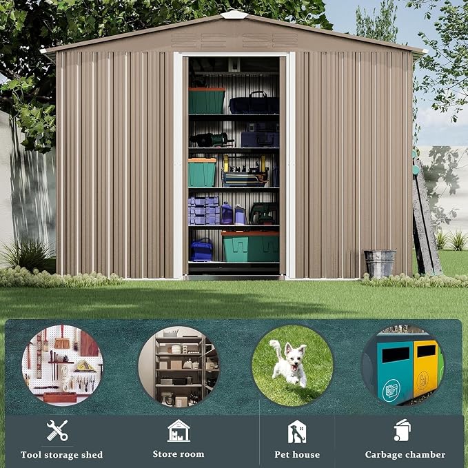 8 x 6 FT Outdoor Storage Shed with Frame Floor, Waterproof Lockable Door Metal Tool Shed with Sliding Door and Ventilation, Gardening Tool Storage Room, Metal Storage Shed for Gardens & Lawns - Image 6