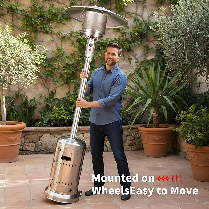 MAJARO 50,000 BTU Outdoor Propane Patio Heater with Wheels – All-Stainless Steel Gas Heater, Weighted Base, Easy Ignition & Safety Tilt Shut-Off for Patio, Backyard, Garden & Commercial Use