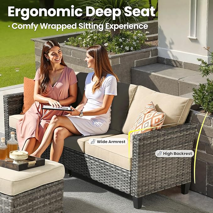 ovios Patio Furniture Set, 6 Pieces Outdoor Wicker Sofa Couch with Loveseat, Ottomans and Comfy Cushions, All Weather High Back Rattan Conversation Set, Beige