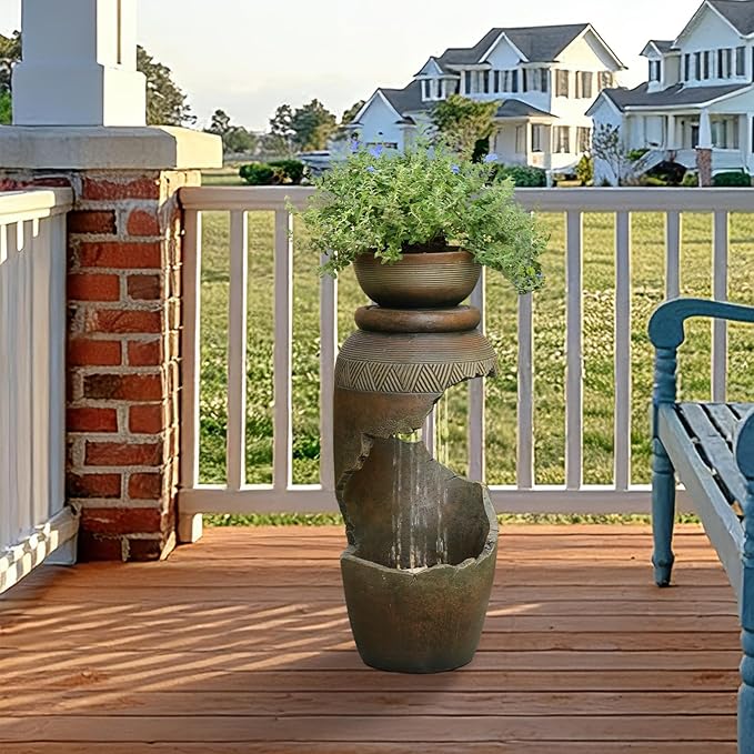 Free Standing Garden Fountain with Planter, Tiered Urn Water Fountain Outdoor, Cascading Waterfall Resin Fountain for Patio, Yard, Porch and Home Décor, Cracked Urn Design(Terracotta Brown)