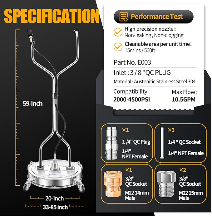 20" Pressure Washer Surface Cleaner with 4 Wheels and Dual Handle, Power Washer Attachment for Cleaning Concrete, Patio, Sidewalk, Deck and Driveways - PWS 20 - Image 5