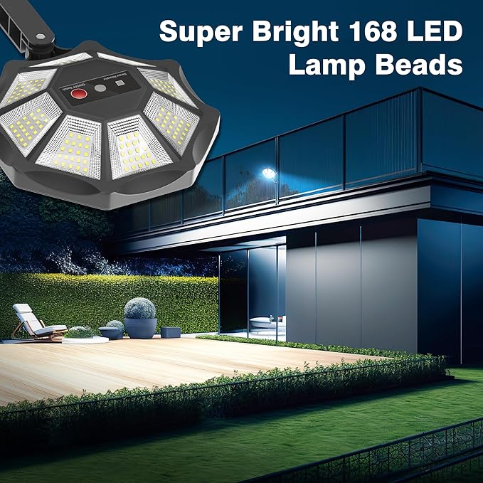 Solar Lights Outdoor, 168LED 6500K Flood Light Dusk to Dawn, 8 Sides Solar Outdoor Lights with Motion Sensor, IP66 Waterproof Solar Street Lights Outdoor for Yard, Pools(2 Pack)