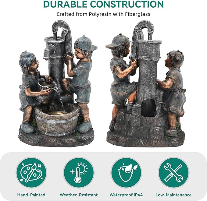 26" Outdoor Fountain, 3-Tier Boy-Girl Playing with Faucet Water Feature with LED Lights, Antique Resin Soothing Cascading Waterfall for Patio, Backyard, Garden or Porch