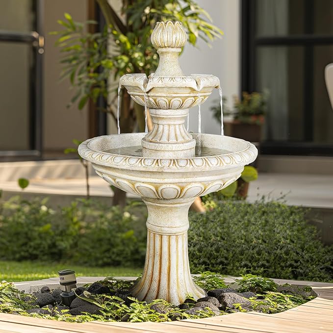 SunJet 40.5" High 3-Tiers Modern Concrete Outdoor Water Fountain - Round Large Outdoor Fountains and Waterfalls for Garden, Patio, Yard, and Deck Decor, Featuring Natural Stone Look (Ivory, 40.5 inch)
