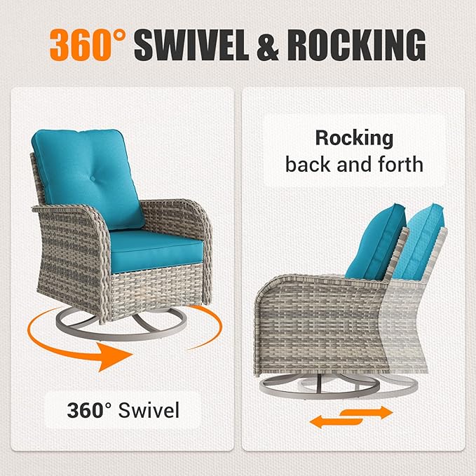 15-Piece Outdoor Patio Furniture Set with Rocking Swivel Chair Wicker Sectional Sofa Set, Patio Conversation Set with Thickened Cushions & Coffee Table for Garden, Backyard, Turquoise