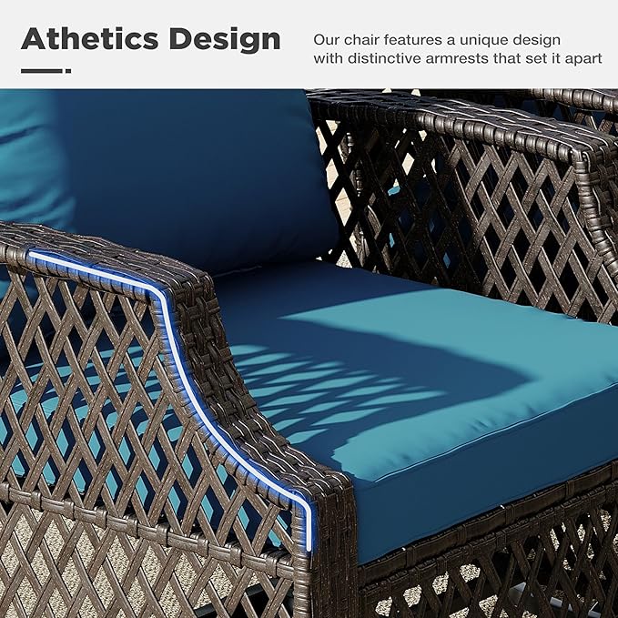 HOMREST 3 Piece Outdoor Swivel Chair Set, Wicker Patio Bistro Set with Thickened 25D Cushions and Glass Coffee Table, Patio Furniture Conversation Set for Deck, Yard, Garden, Poolside(Turquoise)