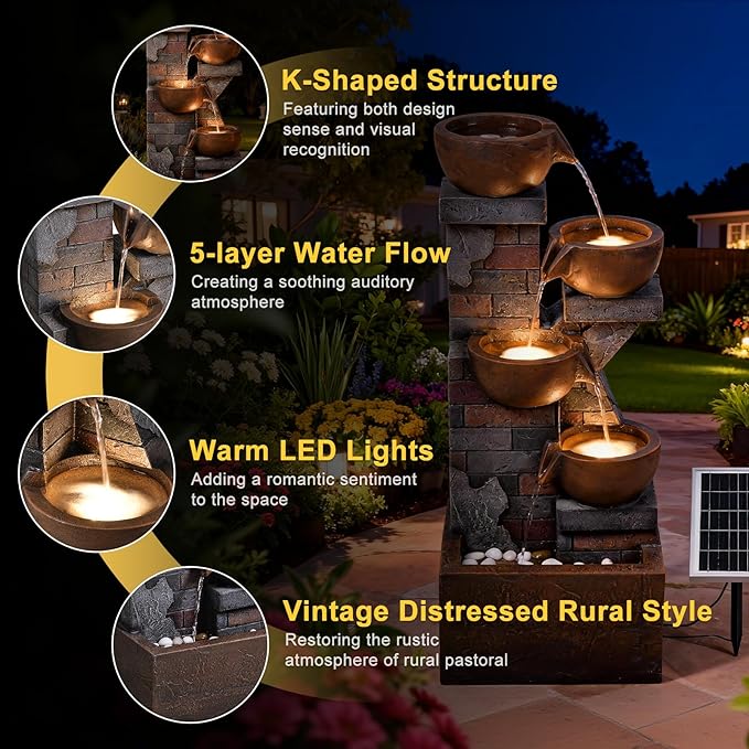 5 Tiers Solar Outdoor Water Fountain - 33.5" H Shape K Indoor Waterfall Fountain with LED Lights for Patio, Balconies, Lawns, Deck, Porch Backyard and Home Art Decor