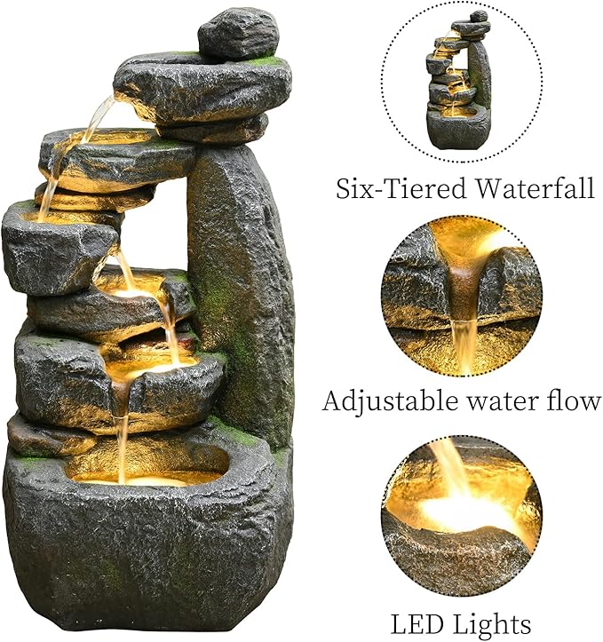 Outdoor Garden Water Fountain with Lights Cascading Large Waterfall Floor Standing Fountain for Patio, Backyard, Deck, Porch and Home Art Decor (32.68'' Gray)