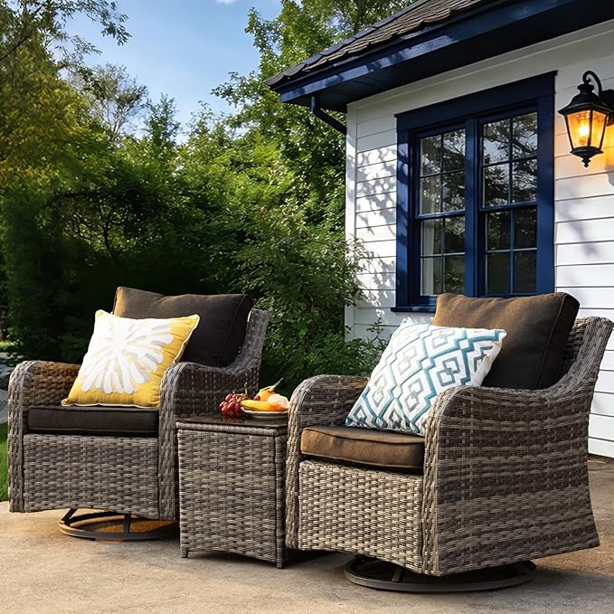 MEISSALIVVE 3 Pieces Patio Furniture Set with Swivel Chair, Outdoor Swivel Rocker with Washable Cushions & Tempered Glass Tabletop, Outdoor Rattan Conversation Set for Lawn Backyard Porch (Black)