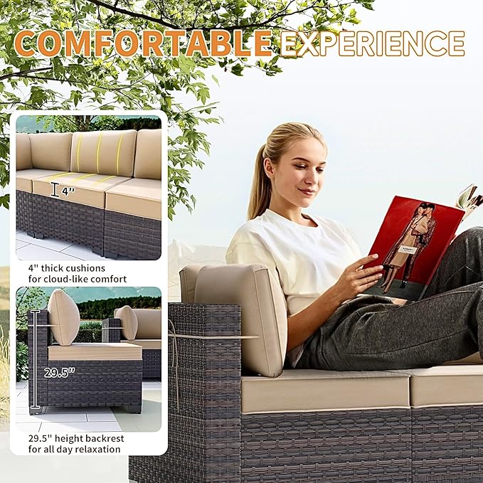 Gotland 15 Pieces Patio Furniture Set with Fire Pit Table, All Weather Rattan Outdoor Furniture with 29.5'' High Backrest 4’’ Thick Cushions Coffee Table, Patio Set for Porch, Deck, Backyard, Khaki