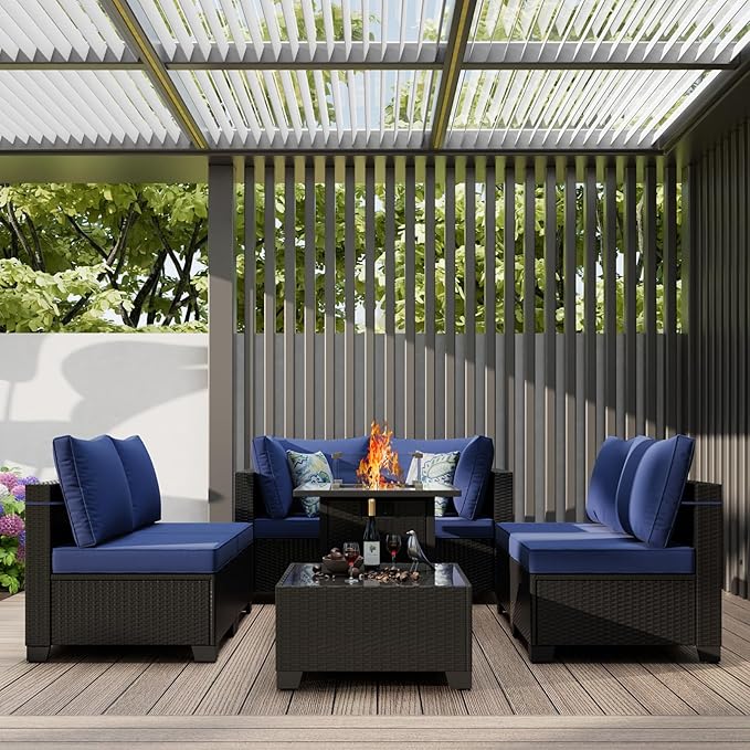 8 Piece Outdoor Patio Conversation Furniture Set Sectional Wicker Furniture Set with 28In Fire Pit Table, 50000 BTU Propane Firepit, Best for Garden Lawn Pool or Backyard, Coffee and Blue