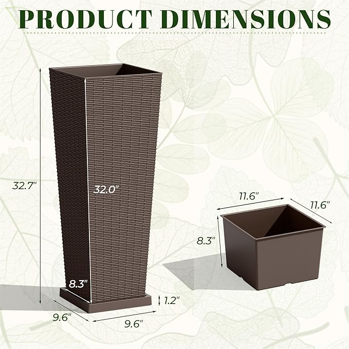 JUMMICO Set of 2 Resin Rattan Tall Planters for Outdoor Plants, Large Tapered Planters with Drainage Holes, Inner Trays and Outer Saucers, Flower Pots for Garden, Patio, Porch, Backyard (Brown, 32")