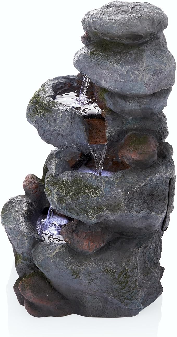 Alpine Corporation 22" Tall 3-Tier Outdoor Rock Waterfall Fountain with LED Lights, Natural Stone Look for Garden, Patio, Yard & Porch Decor, Gray