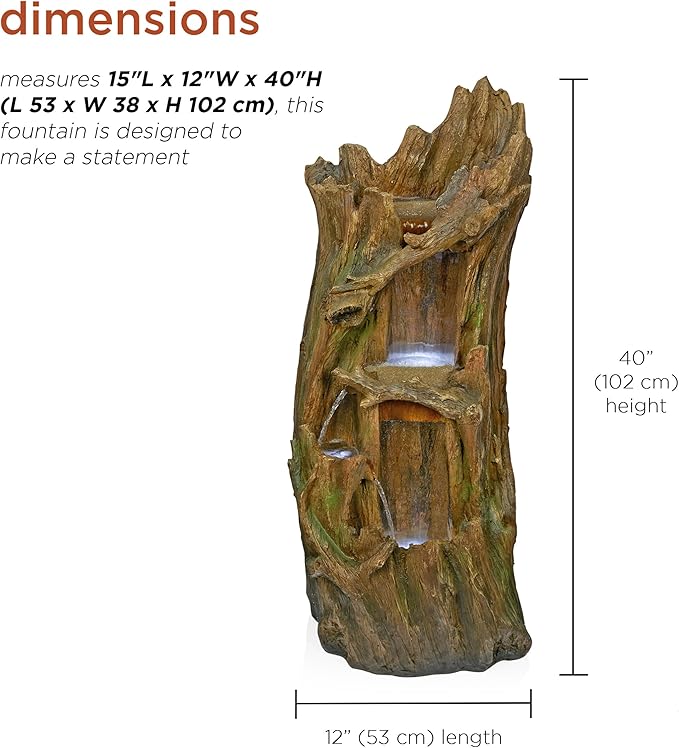 Alpine Corporation TZL346 Outdoor 3 Tier Tree Trunk Floor Fountain with Cool White LED Lights, Tiered Garden Decor, 40" H, Brown