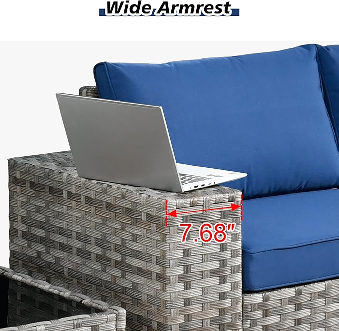HOOOWOOO Modular Patio Outdoor Sectional Furniture Set with Gas Propane Fire Pit Table,7 Piece Wicker Conversation Sofa Set,Out Door Couch Set with Wide Arm Outside(Navy Blue)