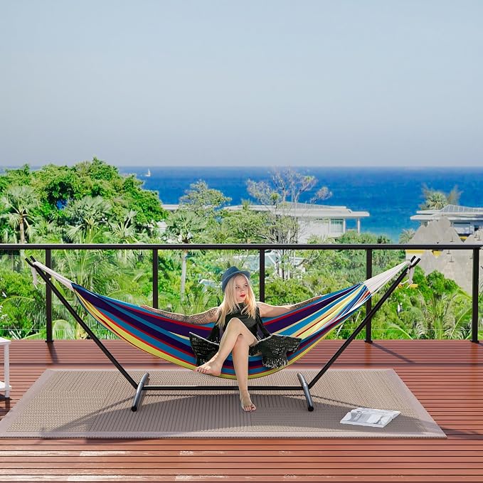 Double Hammock with Steel Stand - 2 Person Hammock Bed Indoor Outdoor, Brazilian-Style, with Carry Bag, 450lb Capacity, Portable & Easy Assembly, Tropical - Image 7