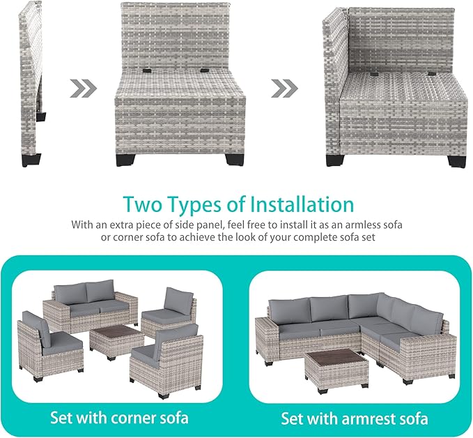 13-Piece Outdoor Patio Furniture Set with Rocking Swivel Chair, PE Wicker Rattan Sectional Sofa Patio Conversation Set with 55,000 BTU Fire Pit Table & Coffee Table, Grey