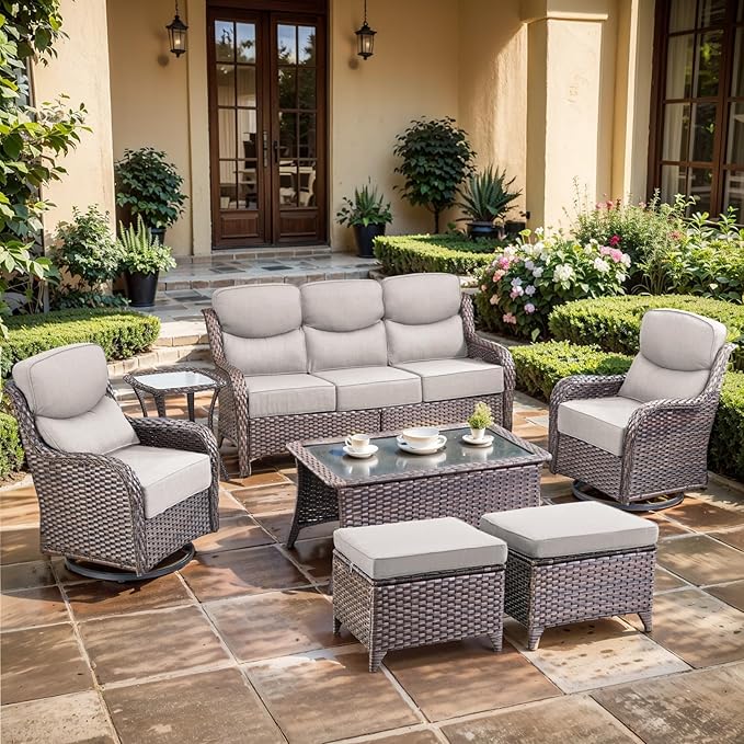 Luxury High Back Outdoor Furniture with 6-inch Extra Thick Cushions, Patio Furniture Set with Swivel Chairs, 7 PCS Wicker Conversation Set for Yard, Deck, Poolside, Brown/Beige