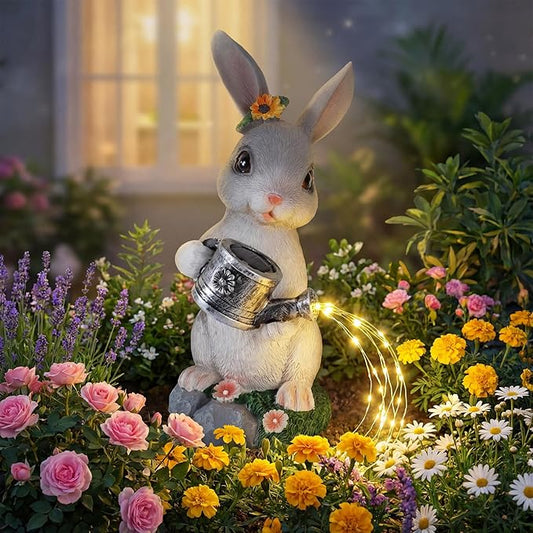 Solar Rabbit Garden Statues Outdoor Decor, Resin Rabbit Figurine Decorations with Solar Light, Whimsical Bunny Sculpture for Patio, Balcony, Yard, Lawn Ornament, Perfect Garden Gift