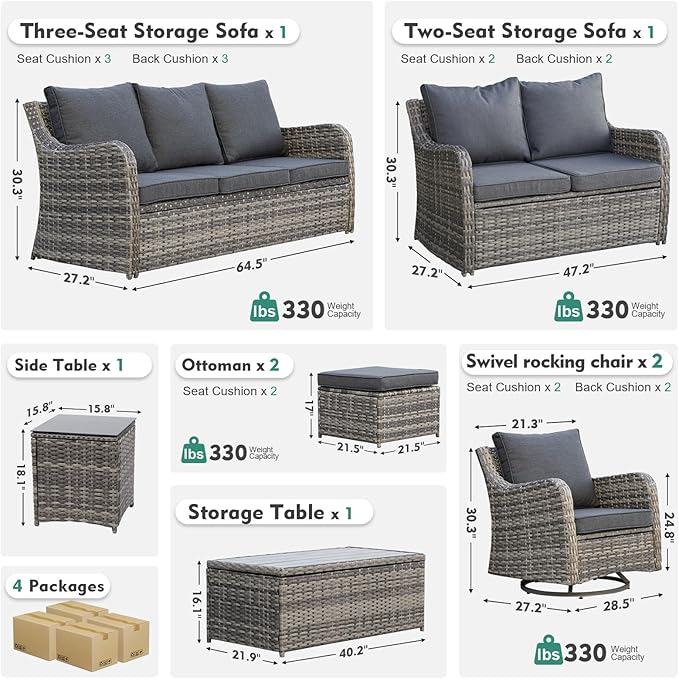 MEISSALIVVE Patio Furniture Set with Swivel Rocking Chairs, 8 Pieces Patio Conversation Set, Outdoor Wicker Sofa Couch with Waterproof Cushions for Lawn Backyard Porch (Grey)