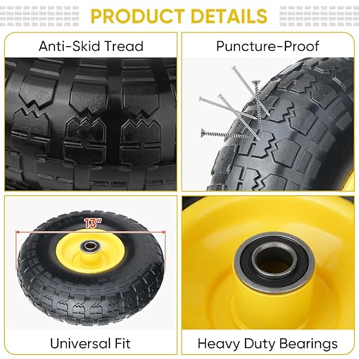 TICONN 4.00-6 Tire and Wheel Flat Free, 2 Pack 13" Solid Tires with 5/8" Axle Bore Hole and Double Sealed Bearings, Perfect for Wheelbarrow, Garden Cart, Wagon, Dolly (Yellow, 2PK) - Image 2