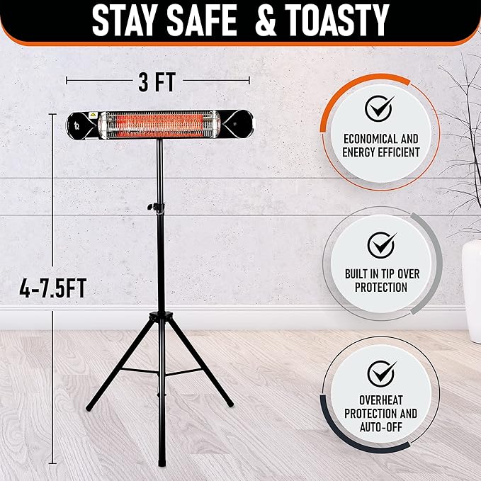 Wave 1500W Carbon Infrared Heater - Wall-Mounted & Freestanding with Remote - Quiet & Weatherproof for Indoor/Outdoor Use - Experience Next-Level, Efficient Heating