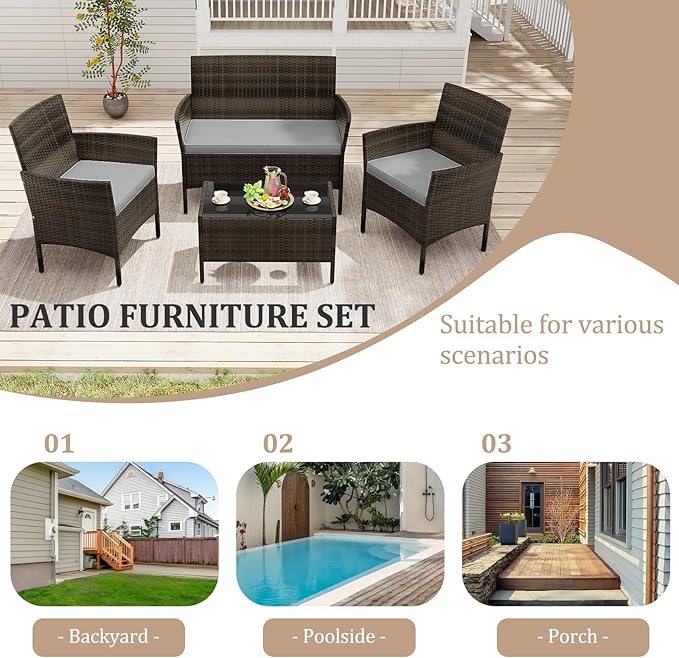KOTEK 8 Piece Patio Furniture Set, Wicker Patio Set with Loveseat, Wicker Chairs, Tempered Glass Coffee Table, Outdoor Rattan Conversation Set for Backyard, Porch (Grey)