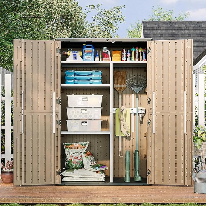 Aoxun Outdoor Storage Shed, 64 Cu.Ft Vertical Storage Sheds Outdoor with Floor, Outdoor Waterproof Storage Cabinet for Garage Storage, Pool Storage (Brown) - Image 2